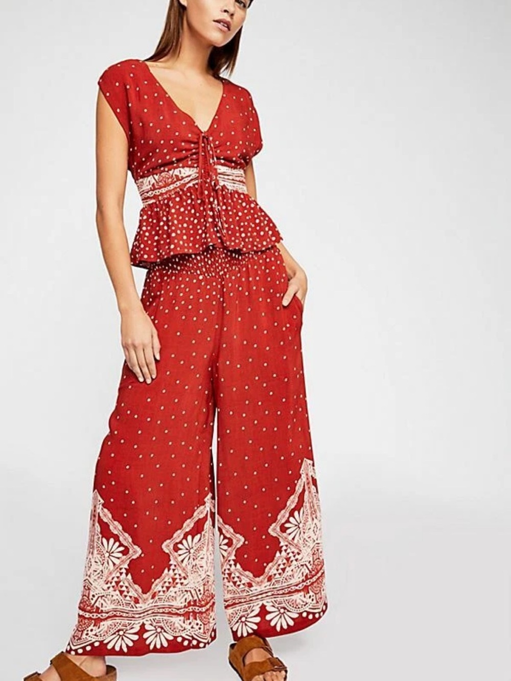 Free People Rust Red Printed Wide-Leg Jumpsuit